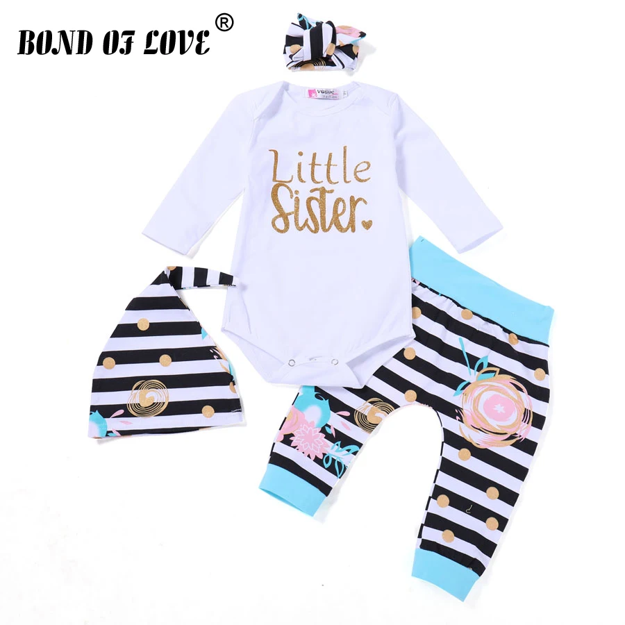 

Newborn Baby Clothes Set Girls Body Long Sleeve Bodysuit Baby Clothing Cotton Letter Bodysuit Pant Hat Headband 4pc Clothing Set