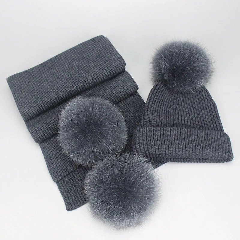 Winter Beanies Fox Pompom Fur Wool Knitted Hat The Female Of The Mink Caps Beanie Hats For Women Girl 'S Hats Scarves Cap Scarf - Цвет: Dark Gray