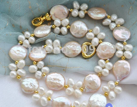 

~~ W&O653 >P3691 17" 14mm pink coin white rice Freshwater pearl necklace
