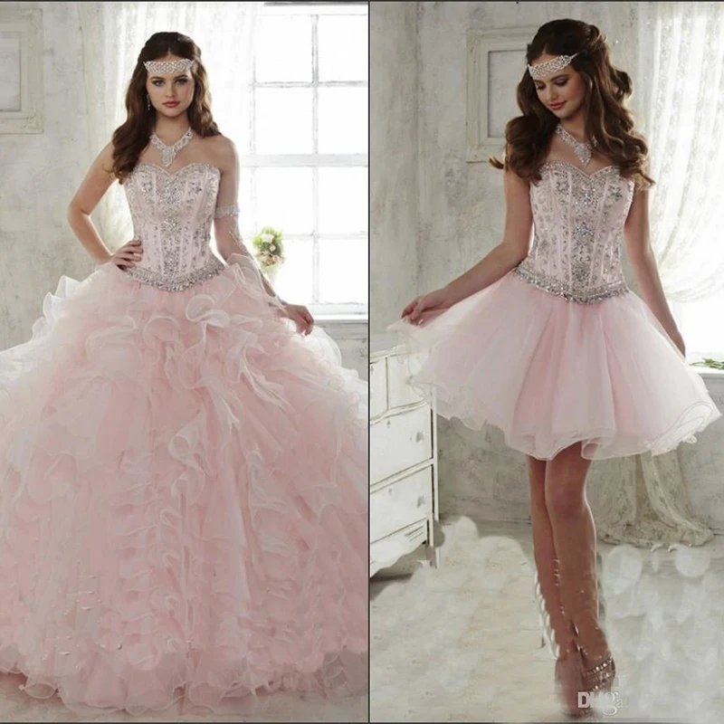 Розовые пышные платья со съемной юбкой, украшенные кристаллами и бисером, милое платье с корсетом и рюшами, 15 вечерние маскарадные платья для девочек
