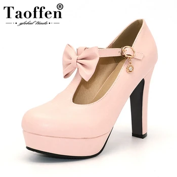 

TAOFFEN Size 31-47 Vintage T-strap Women High Heel Shoes Ladies Brand Bowtie Round Toe Heeled Pumps Fashion Platform Shoes Women