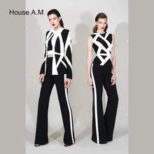 

Black and White Patchwork Official Suits Formal Office Women Suit Sleeveless Tank + Ankle Length Trousers Bodycon 2 Piece Set