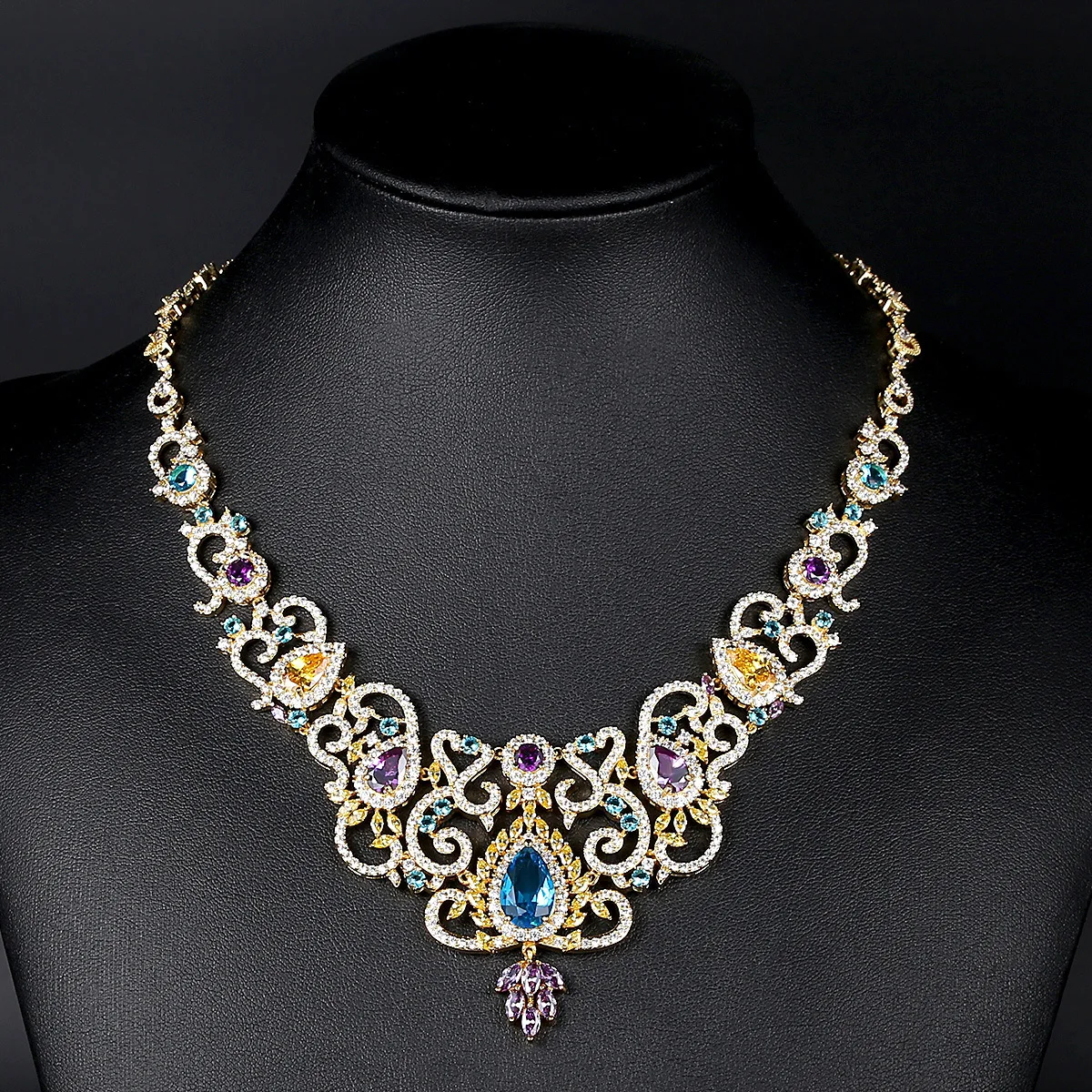 

Fashion Luxury Dubai Wedding Bridal Zirconia Crystal Necklace for Women Gift Engagement Gold Color Royal Court Jewelry Necklace