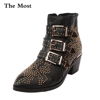 

ARQA Winter Genuine Leather Buckle Ankle Boots For Women Pointed Toe Kitten Heels Motorcycle boots Shoes Women Booties