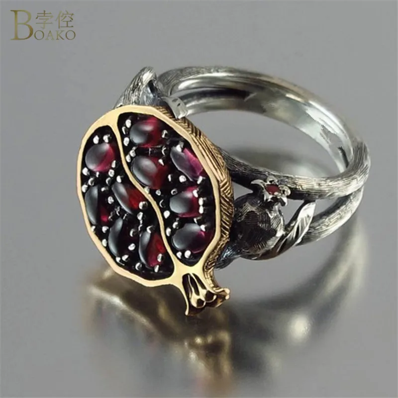 

BOAKO Vinatge Red Garnet Ring Pomegranate Red Zircon Stone Rings for Women Wedding Engagement Ring Party Jewelry Bague Femme