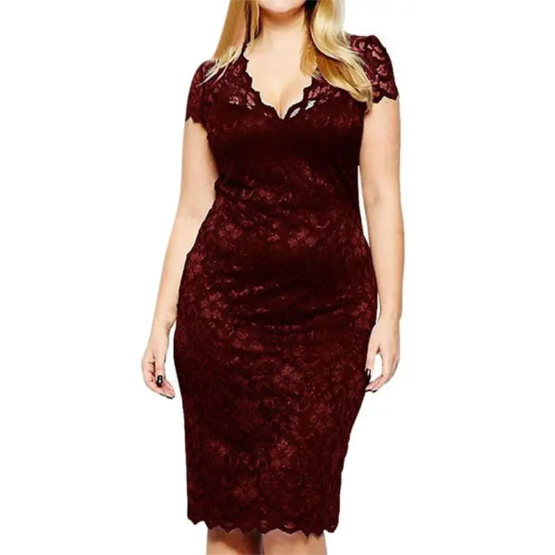 

2019 WEIXINBUY Sexy lace XL-5XL high waist women dress V-neck plus Strap sexy robe Black/Wine Party red femme size