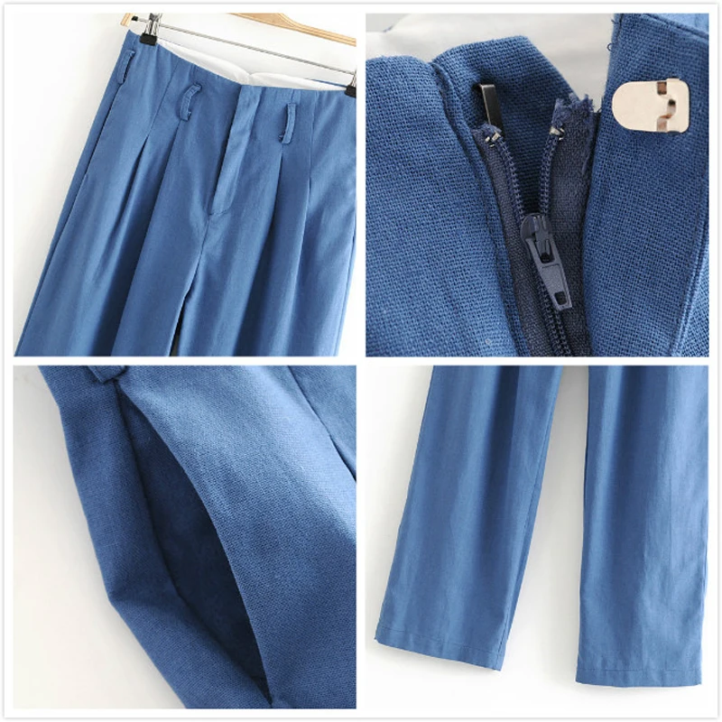 Blue Linen Women Pant Suits Belt Long Blazer Jacket High Waist Straight Pants Office Lady Two Piece Set Casual Female Trousers
