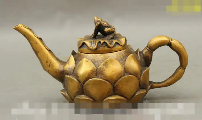 

S3743 8" Marked Chinese Bronze Auspicious Frog Ride Lotus Shape Statue Wine Pot Teapot discount 30% (C0324)