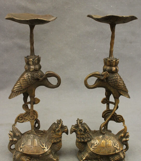 

JP S62 12" Chinese Bronze Crane Ride Dragon Turtle Candlestick Statue Stick Holder Pair
