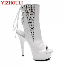 Женские сапоги до колена 15 см; женские туфли для танцев в байкерском стиле с открытым носком и заклепками