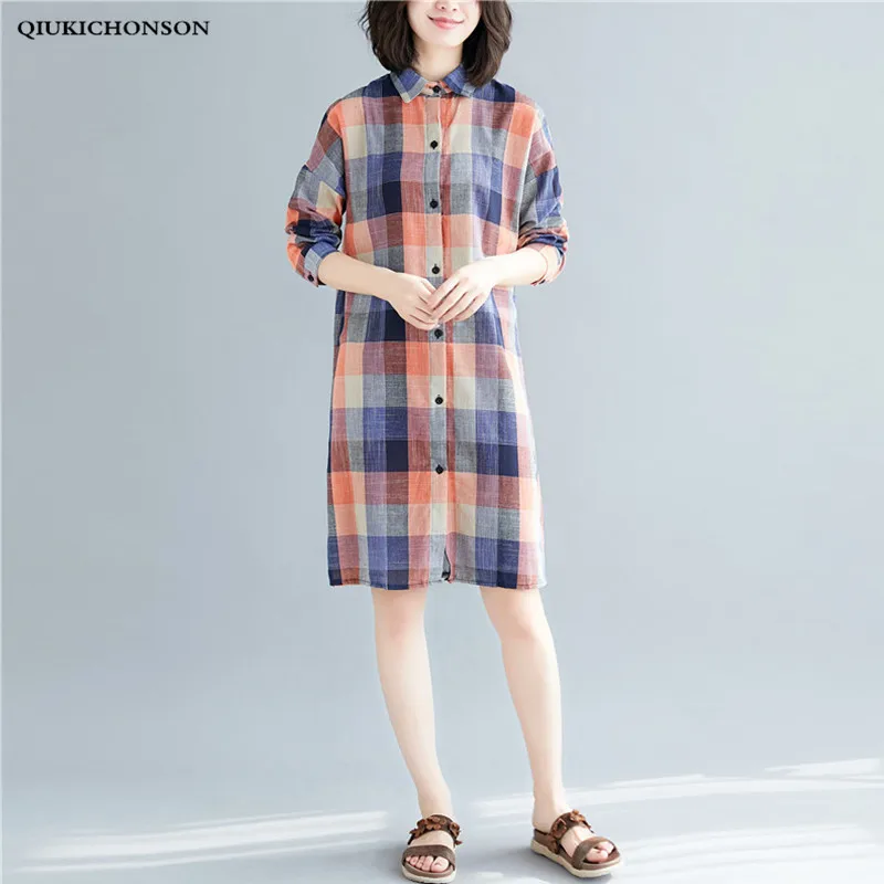 

Long Sleeve Plaid Shirt Women Spring Autumn Mori Girl Casual Loose Plus Size Blouse Cotton Linen Long Shirt chemisier femme