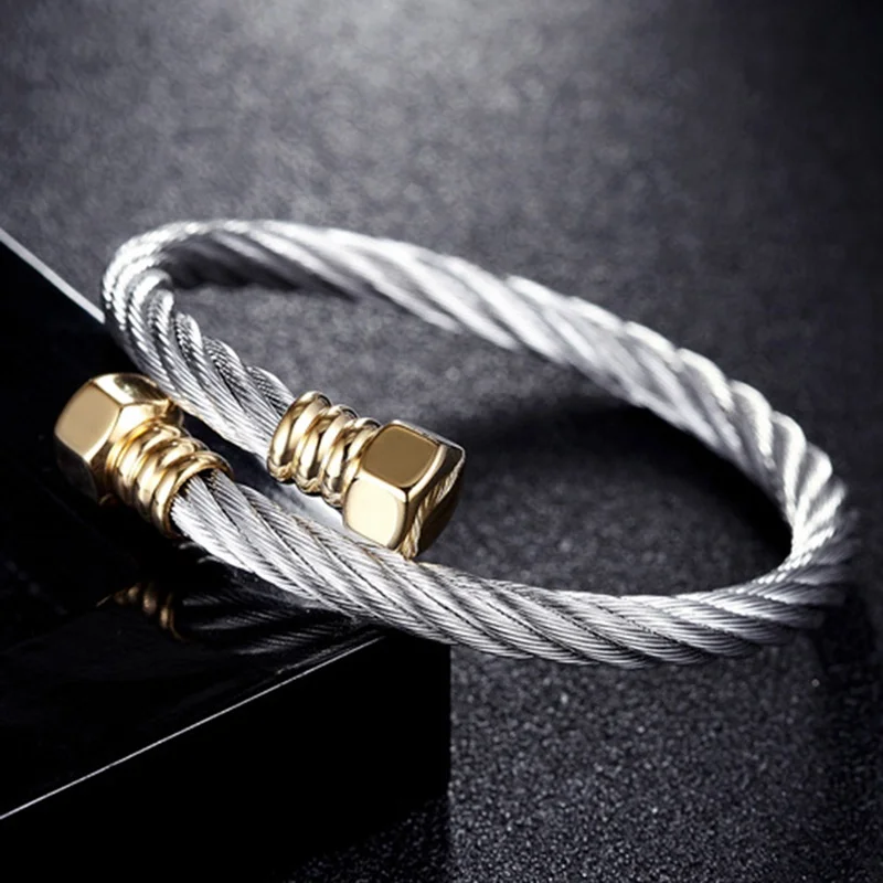 High Polished Unisex Stainless Steel Twisted Cable Wire Cuff Bangle