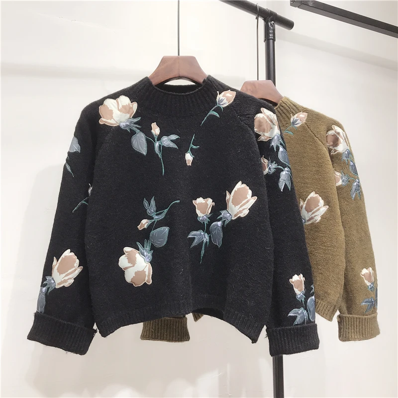 

MUMUZI casual flower Sweater Women crewneck spring autumn female Knitted sweater Pullovers long Sleeve chic Soft Jumper tops