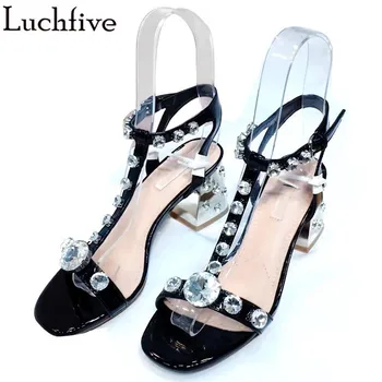 

Fashion T-tied Sandals Women Studded Crystals Square Heels Ladies Shoes Sexy Open Toe Ankle Buckle Strap Black Sapato Feminino