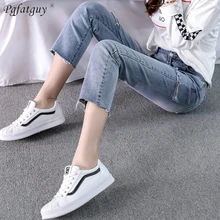 Синие рваные и потёртые бойфренды полной длины джинсы Для женщин отверстие Повседневное джинсовые брюки прямого покроя весенние брюки Vaqueros Mujer