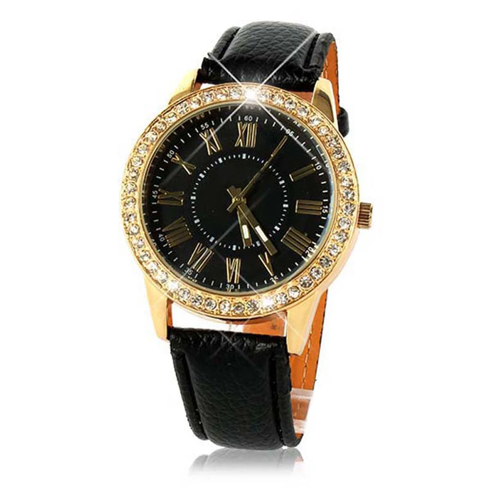 

2017 Newly Designed Watch Women Superior New Bling Gold Crystal Style Women Luxury Faux Leather Strap Quartz Wrist Watch June 1*