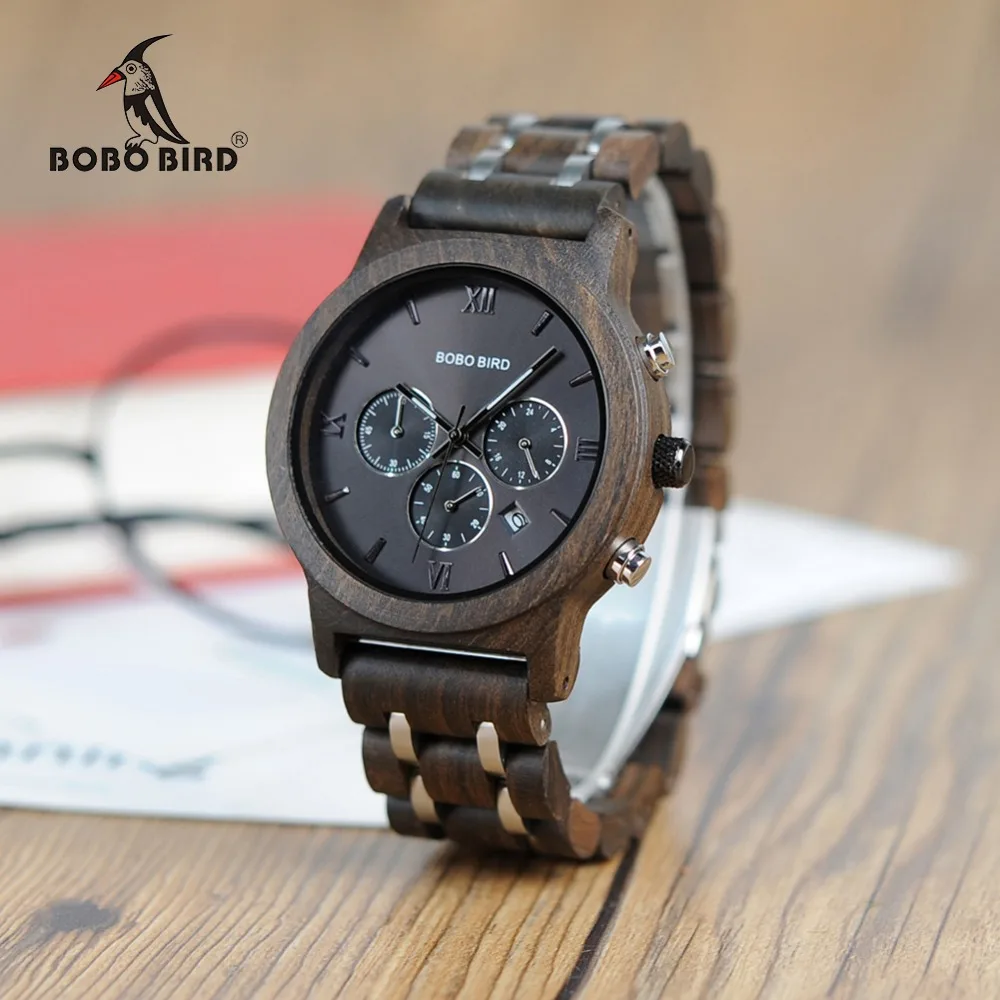 BOBO BIRD Wooden Watch Men relogio masculino Wood Metal Strap Chronograph Date Quartz Watches Luxury Versatile Timepieces WP19