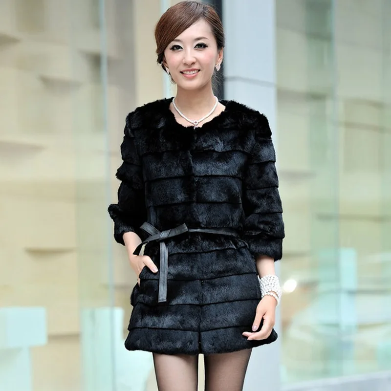 2016 Lady Genuine Real Rabbit Fur Coat Jacket 3 4 Sleeve Autumn Winter Women Fur Outerwear