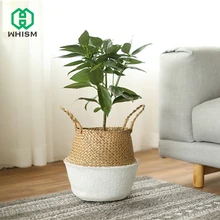 WHISM Seagrass Wickerwork Flower Basket Decorative Flower Pot Planter Hanging Flowerpots Woven Laundry Storage Basket Home Decor