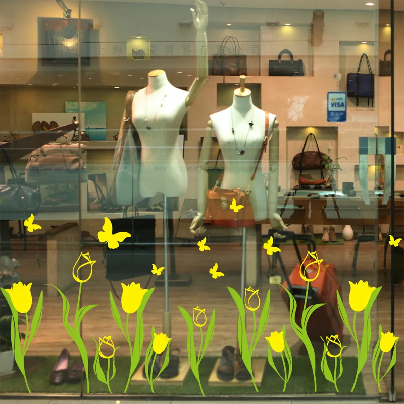 

Yellow Tulips Window Stickers PVC Material Butterflies Flowers DIY Wall Decals for Living Room Shop Glass Window Decoration