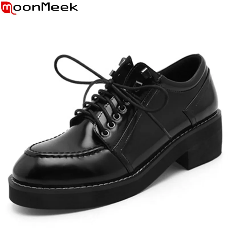 

MoonMeek 2019 fashion pumps women shoes round toe lace up patent leather shoes med heels ladies casual shoes big size 33-40