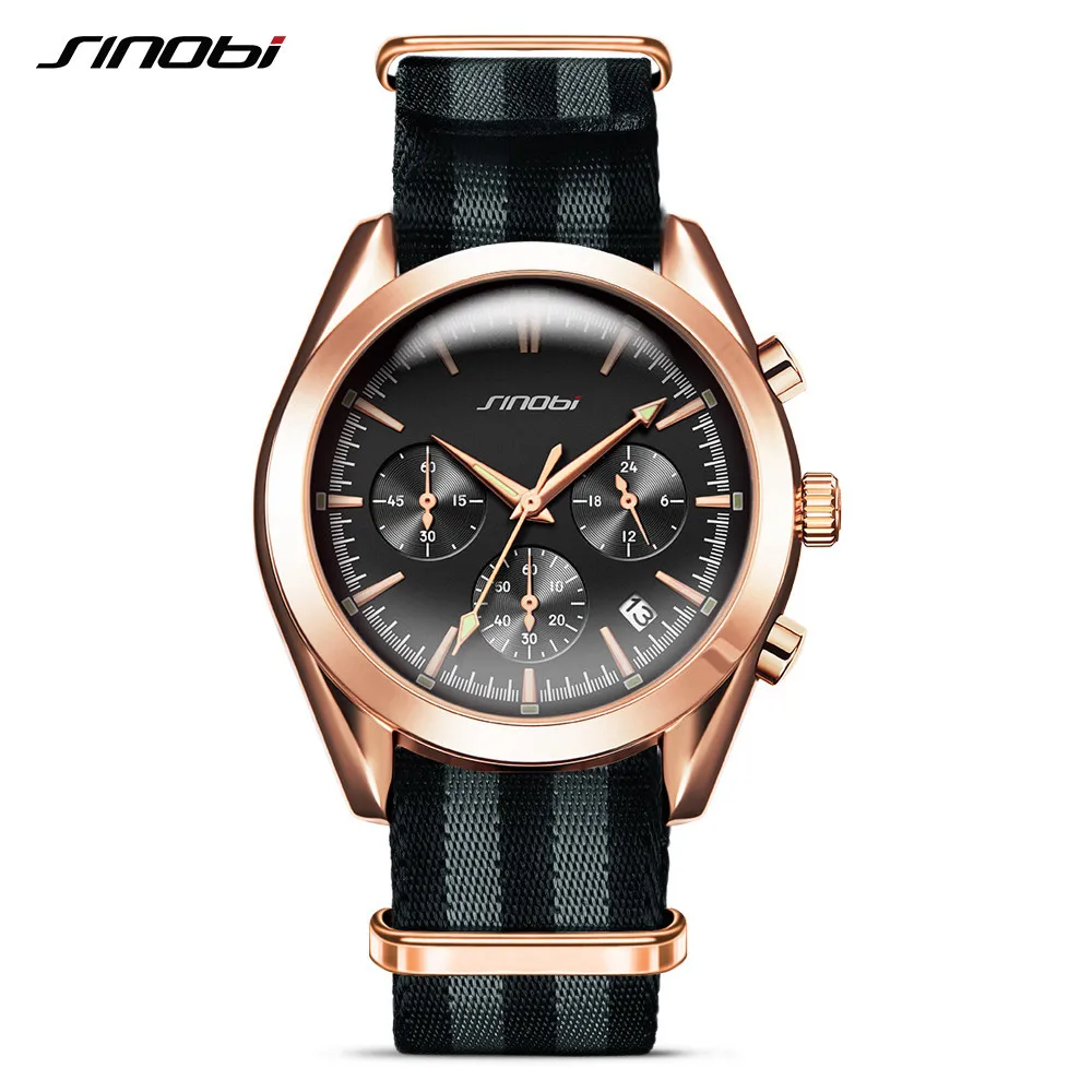 

SINOBI Men's Golden Business Wrist Watches 007 Series Chronograph Military NATO Nylon Watchband Top Luxury Brand Relojes Hombre