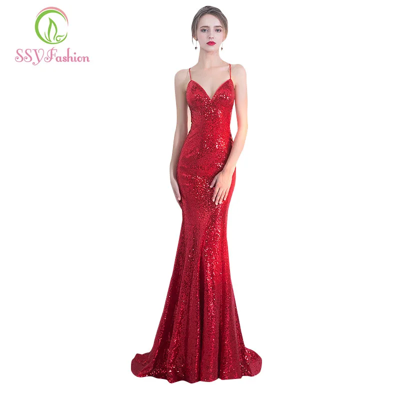 Robe De Soiree SSYFashion 2017 сексуальное вечернее платье русалки Красные Блестки Спагетти