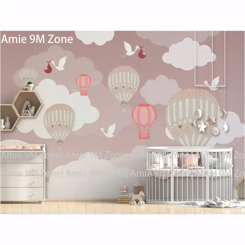 Rose Staubigen Rosa Farbe Ballon Himmel Wolke Vogel Berge Cartoon Design Tapeten Fur Madchen Kinderzimmer Decor Rabatt Customerize Grosse Aliexpress