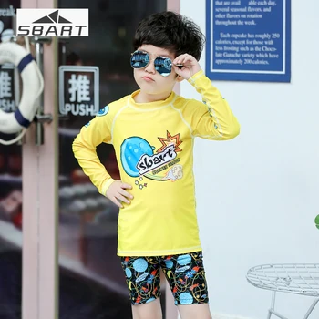 

Sbart 2018 Long Sleeve Two pieces Separated Boy Swimwear Yellow Swimming Shirt Shorts Yellow Kids Teenagers 5-12Y Lycra Swimsuit