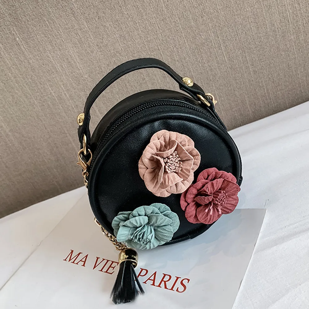

Flowers PU Leather Bag For Women Ladies Luxury Designer Round Circular Bag Flower Tassels Shoulder Messenger Bag Purse bolsas