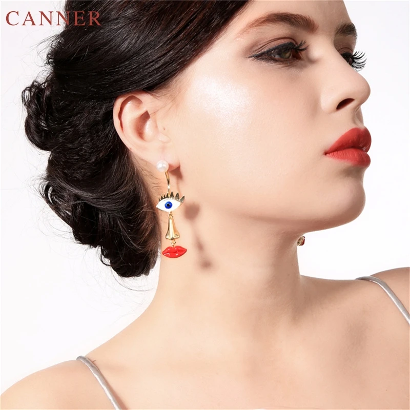 Gold Color Hyperbole Face Blue Enamel Evil Eye Nose Red Mouth Stimulated Pearl Earrings Women Irregularity Long Drop Earring C35