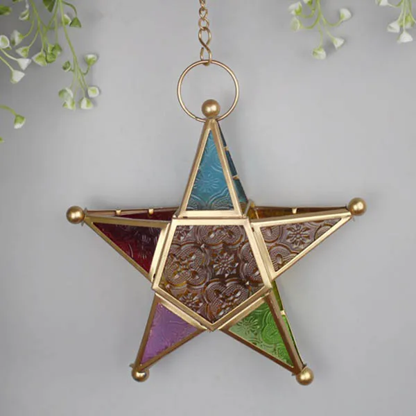 Five-pointed Star Candle Holder Moroccan Style Hanging Glass Metal Lantern TN99