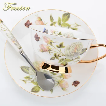 

Butterfly Rose Bone China Tea Cup Saucer Spoon Set 200ml Europe Ceramic Coffee Cup British Advanced Porcelain Teacup Drop Ship