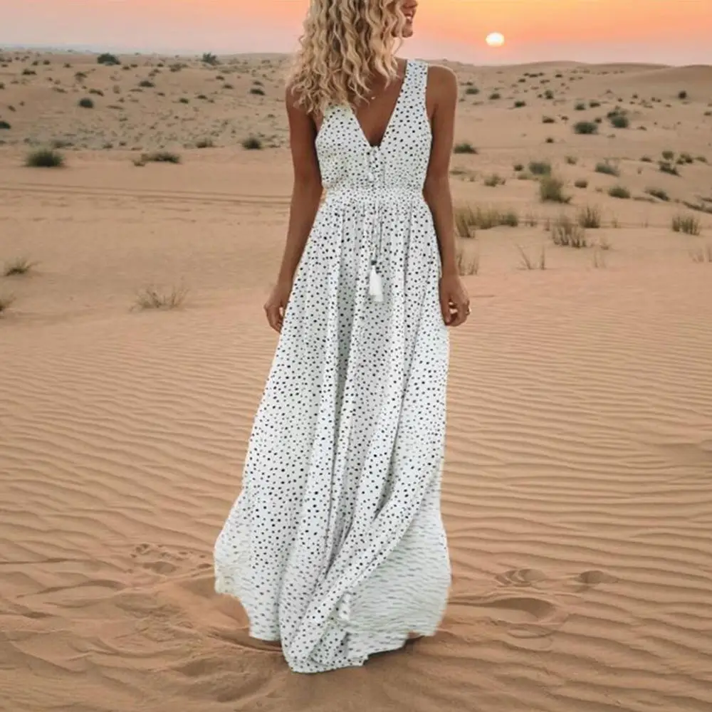 

Women Summer Sleeveless Dot Print Tassels Deep V Neck Long Beach Vestidos Casual Plus Size design women Dress Elegant LS*D