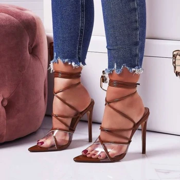 

Xiuningyan Fashion 2019 Summer Women's Sandals PU Lace-Up Thin High Heels Cover Heel Shallow Mature Serpentine Dance Solid 35-40