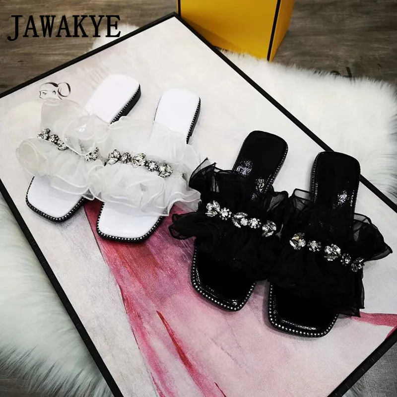 

2019 New Sweet Crystal Organza Genuine Leather Slippers Women Peep Toe Flat Heel Woman Shoes Summer Black White Outside Slipper