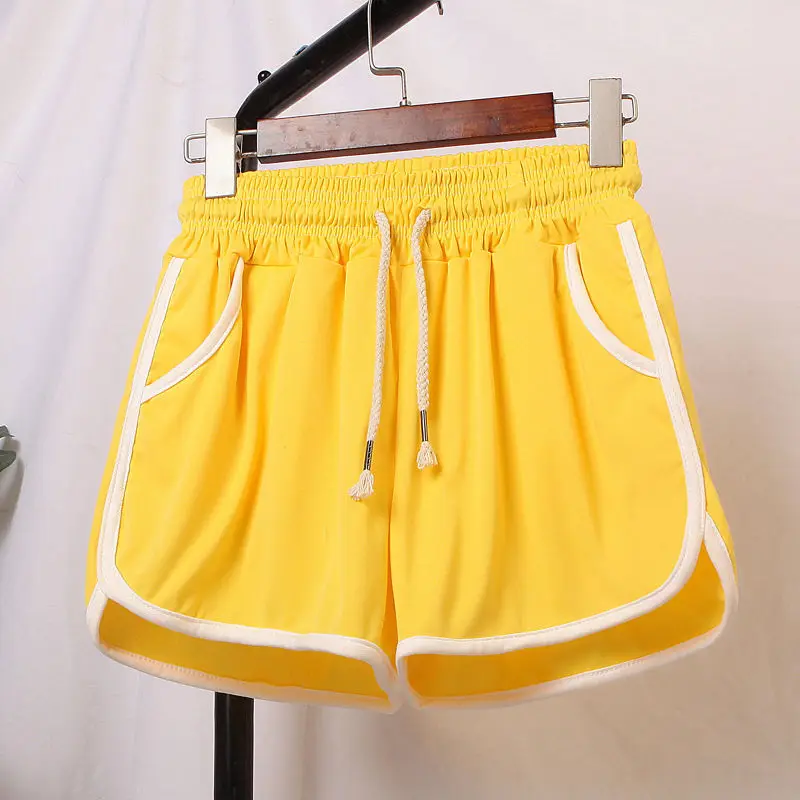 Прямая поставка, женские повседневные шорты с карманами, летние шорты для бега, большие размеры, спортивные шорты с высокой талией, свободные пижамы - Цвет: Yellow