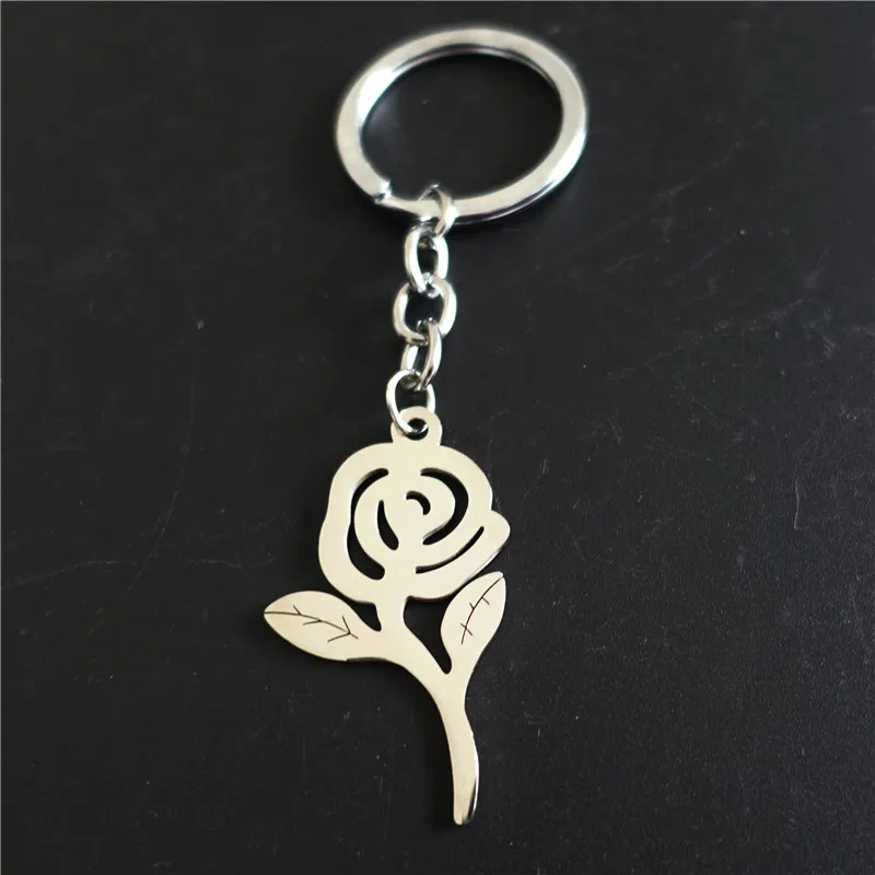 

Rose Flower Leaf Keyring Stainless Steel Keychains Office Lady Girls Jewelry