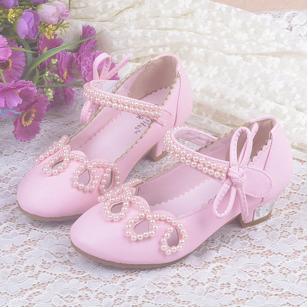Детская обувь для девочек; сандалии на высоком каблуке; обувь с бисером; детская обувь принцессы для девочек; вечерние модные туфли с бантом