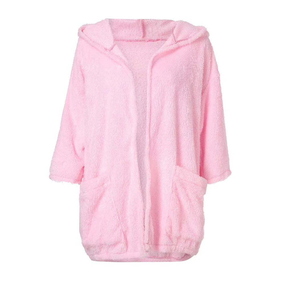 Женская мода осень длинный рукав толстый с капюшоном Открытый стежок пальто куртка Женский кардиган - Цвет: Розовый