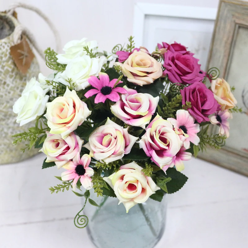 JAROWN Simulation Rose Bouquet Artificial Silk Flowers Fake Flower Art Decoration For Wedding Home Office Desktop Placement (18)