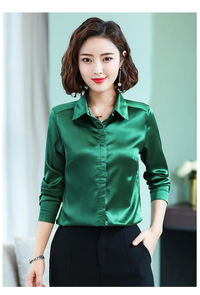 TingYiLi, зеленая, Розовая атласная блузка, весна-лето, женская блузка, рубашки, корейские элегантные офисные женские Топы с длинным рукавом
