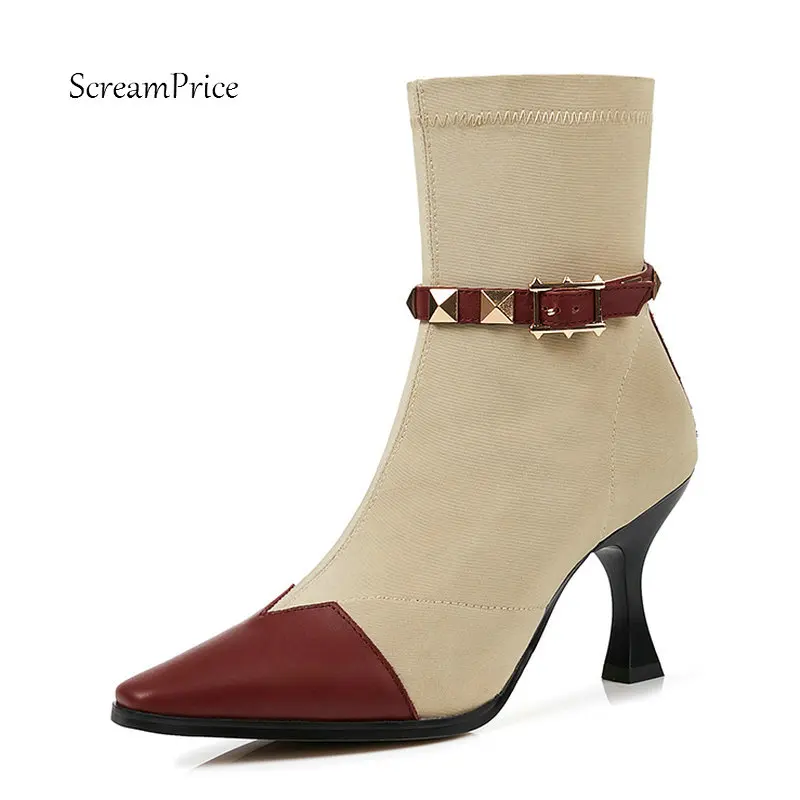 

Ladies Genuine Leather Thin High Heel Ankle Boots Fashion Rivet Buckle Square Toe Women Fall Winter Stretch Bootie Black Apricot