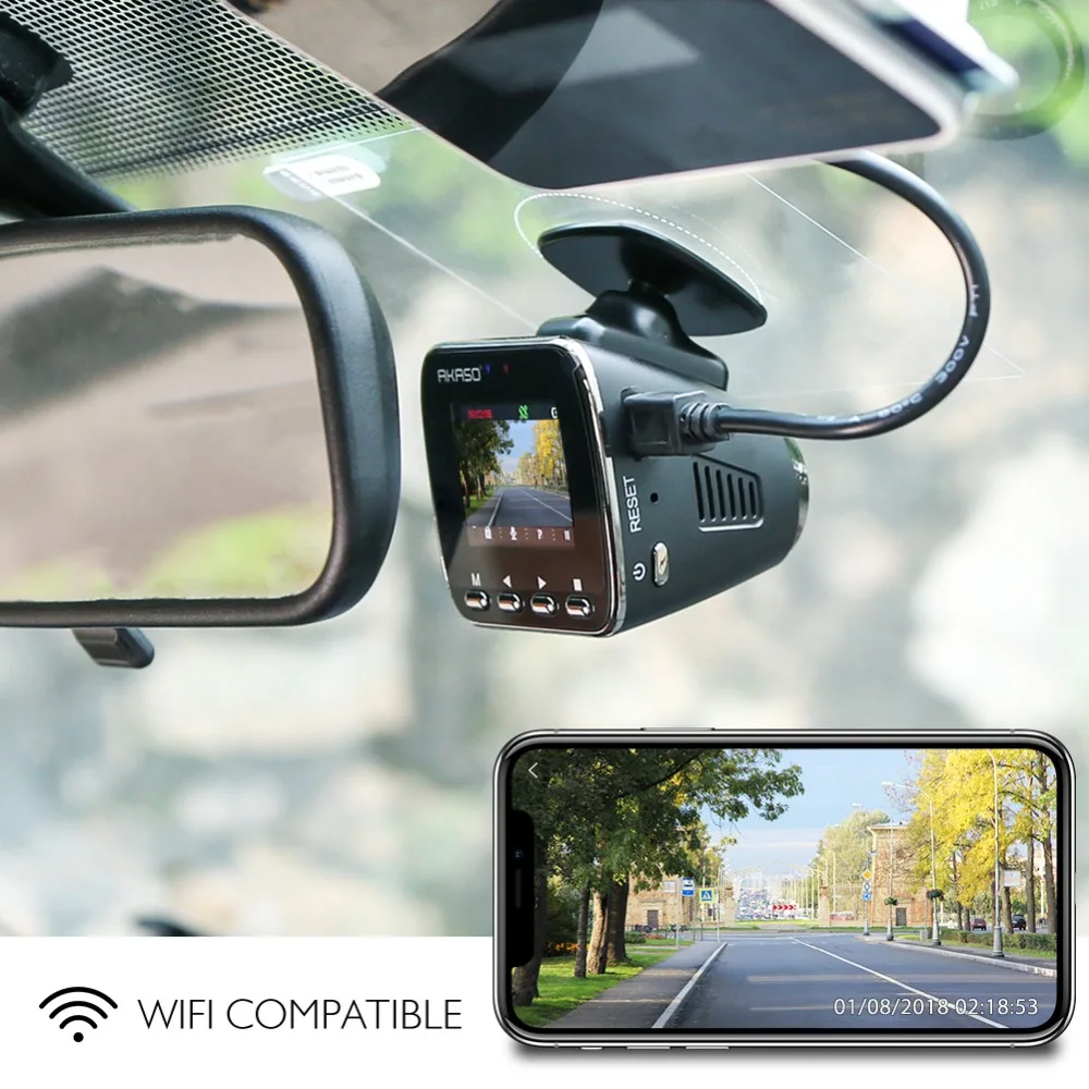 AKASO Автомобильный видеорегистратор V1 HD WiFi для автомобилей с приложением GPS 16 Гб