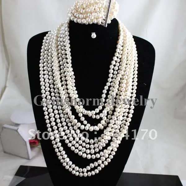 Сказочный белый жемчужный набор 10 рядов жемчужное ожерелье/браслет Блестящий пресноводный 7-8 мм культивированный жемчуг свадебный ювелирный набор FP274