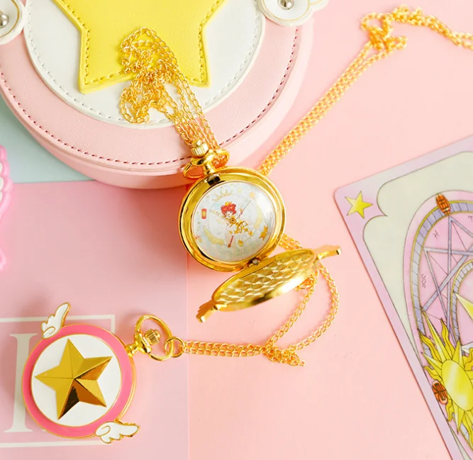 1 шт. новые японские аниме Cardcaptor Sakura кварцевые карманные часы золотые милые стационарные Звездные Крылья подвеска цепь часы для девочек игрушка