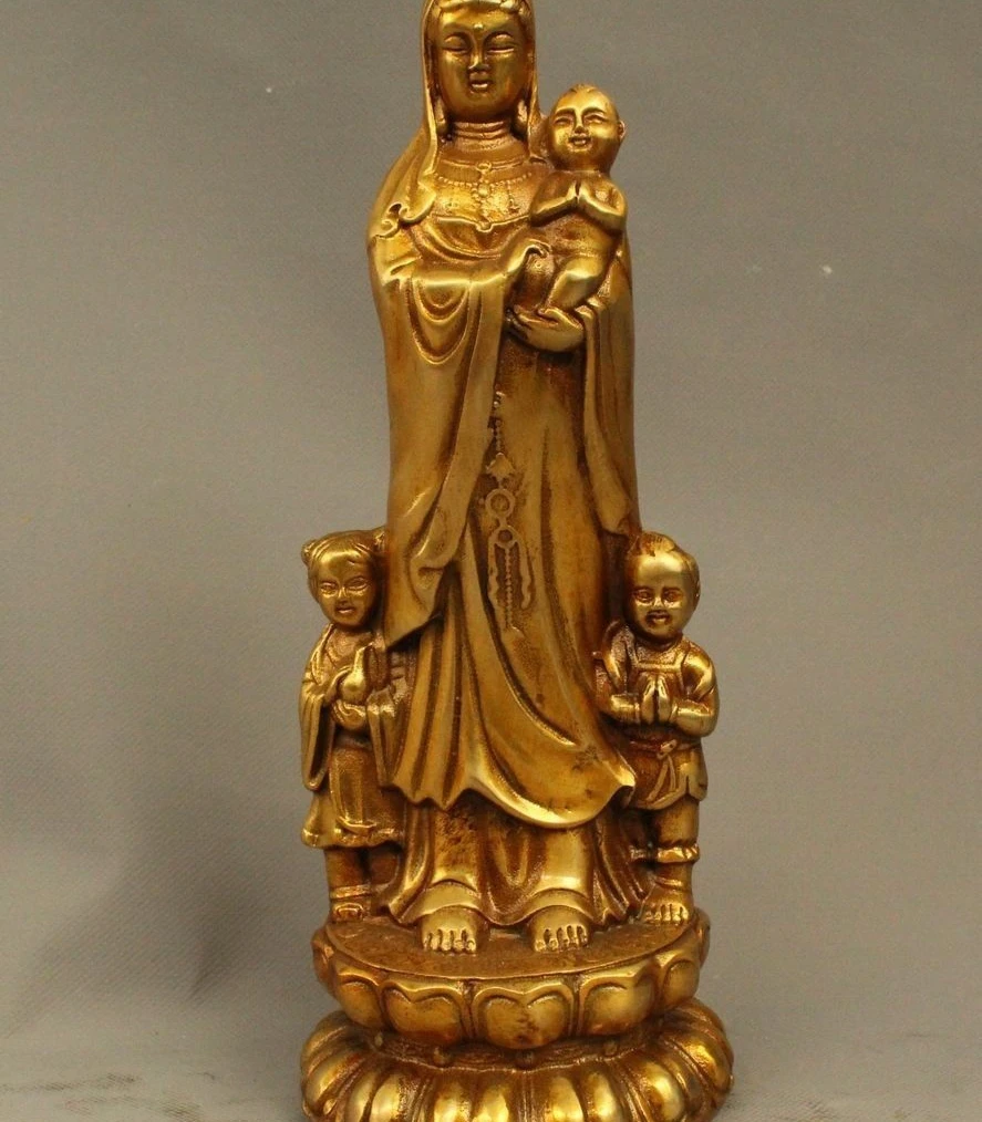 

11' Old Chinese Bronze Gilt Stand Kwan-yin Guan Yin Goddess Bring Son Statue