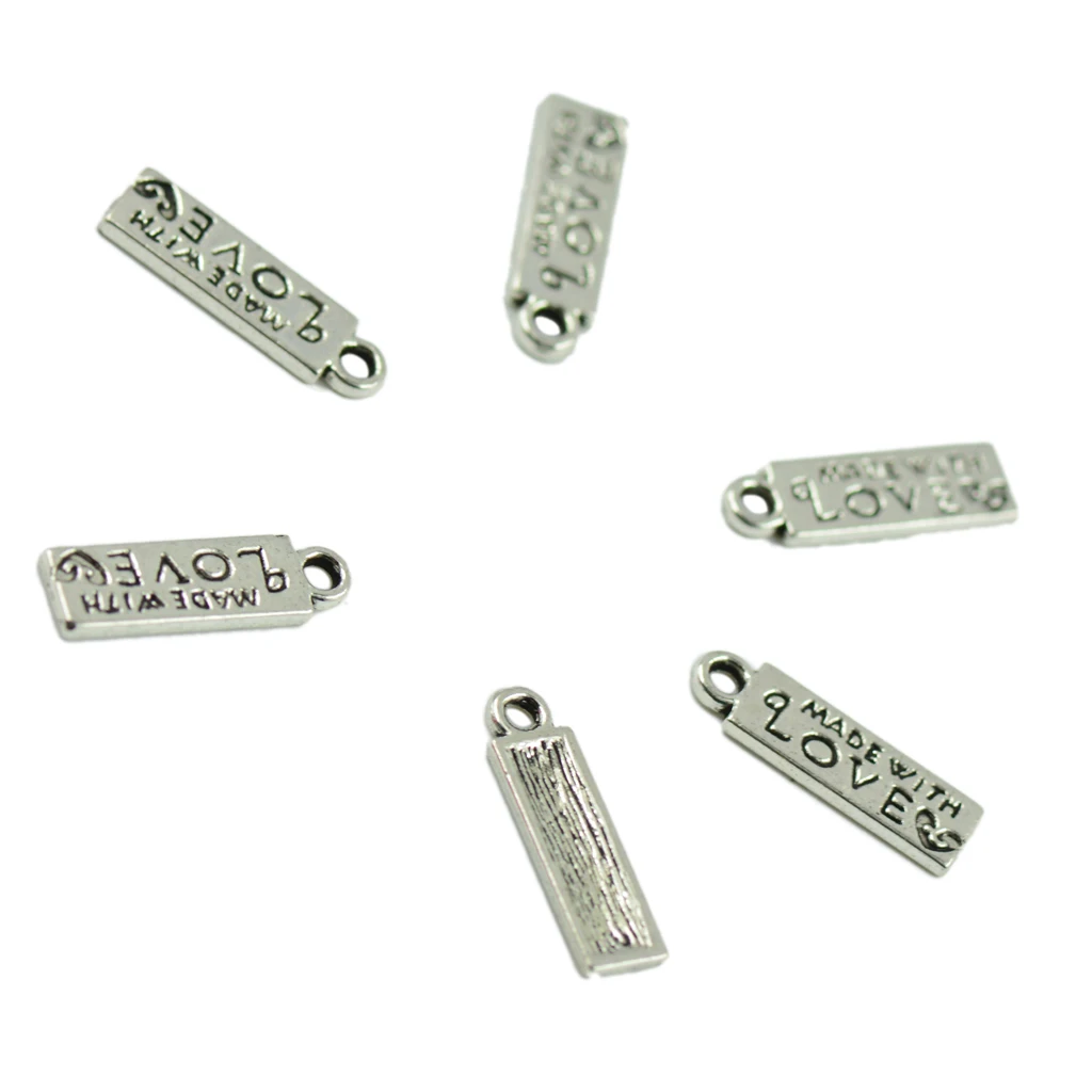 200pcs Jewelry Making Charm Rectangle Pendants MADE WITH LOVE Antique Design DIY Apparel Sewing Buttons Silver 