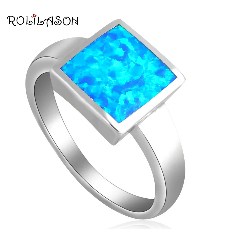 

ROLILASON Stylish Square design Wholesale & Retail Blue Fire Opal 925 Silver Jewelry Rings for women USA #6#7#7.5#9 OR697