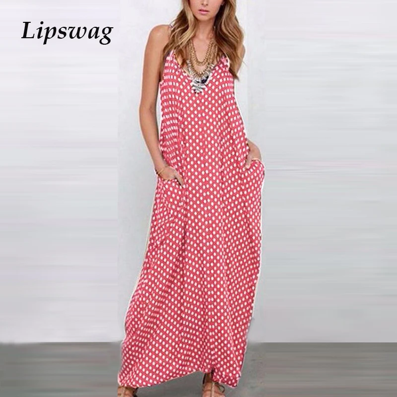 

Lipswag 5XL Polka Dot Print Sexy V-Neck Sundress Women Summer Spaghetti Strap Boho Beach Dresses Casual Baggy Plus Size Dress